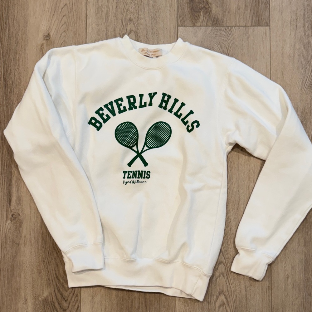 Unisex Brand New White Crewneck Sweater with Tennis Graphic Ingrid Wittmann